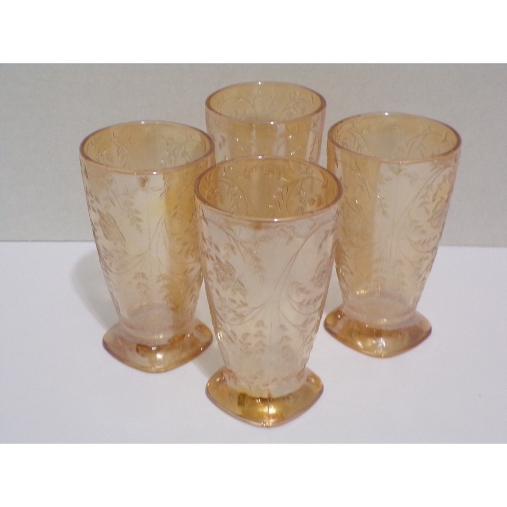 Vintage Jeanette Carnival Glass Glasses Peach Color Footed Square 8 oz Set of 4